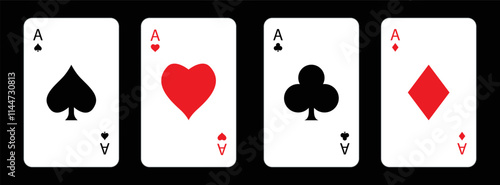 Four aces icon. Playing card set. Poker cards suits. Hearts, clubs, diamonds, spades ace. Big sign. Winning poker hand. Las Vegas Casino gambling concept. Flat design. Black background Isolated Vector