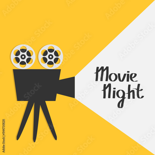 Movie night. Retro Cinema projector with light. Vintage film camera reel. Invitation, poster, banner, flyer template. Simple flat design. Yellow background. Isolated. Vector illustration