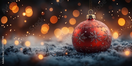 Close-up of a hanging red Christmas ball decorated with a snowflake pattern. The background is blurred bokeh, festive atmosphere. Background for design for winter holidays, Christmas and New Year. 