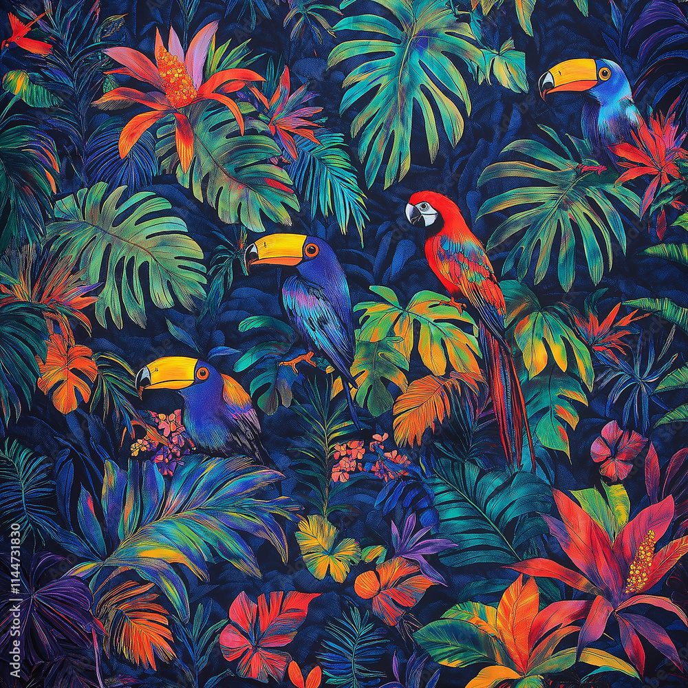 Trendy Dark jungle tropical forest ,contrasts with colourful Exotic flower and foliage leaves ,Design for fashion , fabric, textile, wallpaper,wrapping and all prints on navy blue background color Trendy Dark jungle tropical forest ,contrasts with colourful Exotic flower and foliage leaves ,Design for fashion , fabric, textile, wallpaper,wrapping and all prints on navy blue background color