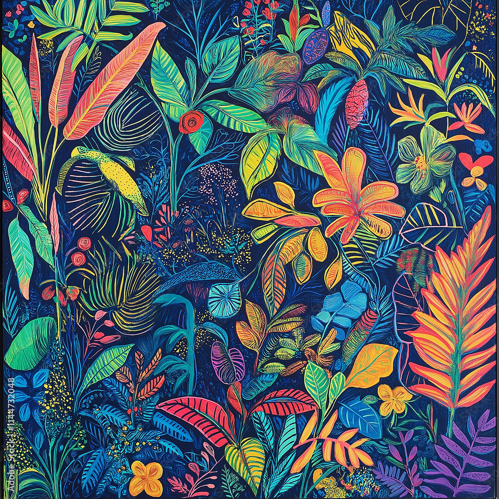 Trendy Dark jungle tropical forest ,contrasts with colourful Exotic flower and foliage leaves ,Design for fashion , fabric, textile, wallpaper,wrapping and all prints on navy blue background color Trendy Dark jungle tropical forest ,contrasts with colourful Exotic flower and foliage leaves ,Design for fashion , fabric, textile, wallpaper,wrapping and all prints on navy blue background color