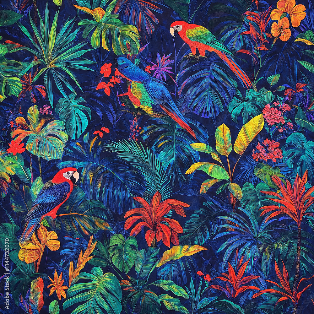 Trendy Dark jungle tropical forest ,contrasts with colourful Exotic flower and foliage leaves ,Design for fashion , fabric, textile, wallpaper,wrapping and all prints on navy blue background color Trendy Dark jungle tropical forest ,contrasts with colourful Exotic flower and foliage leaves ,Design for fashion , fabric, textile, wallpaper,wrapping and all prints on navy blue background color