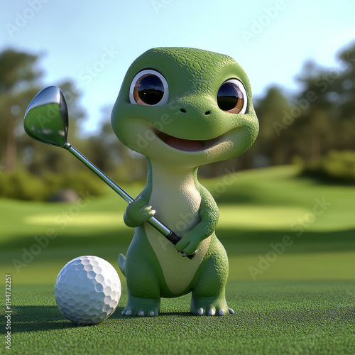 Clay animation style, full swinging golf club, cute green body with big eyes, baby dinosaur photo