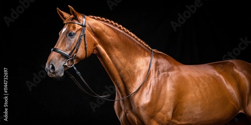 Portrait of stunning dressage chestnut gelding horse in bridle isolated on black background photo