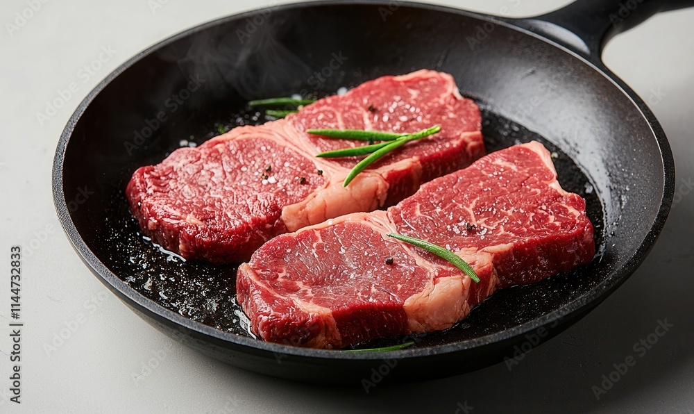 Juicy steaks searing in a cast-iron skillet with fresh herbs and spices cooking on a stovetop Juicy steaks searing in a cast-iron skillet with fresh herbs and spices cooking on a stovetop