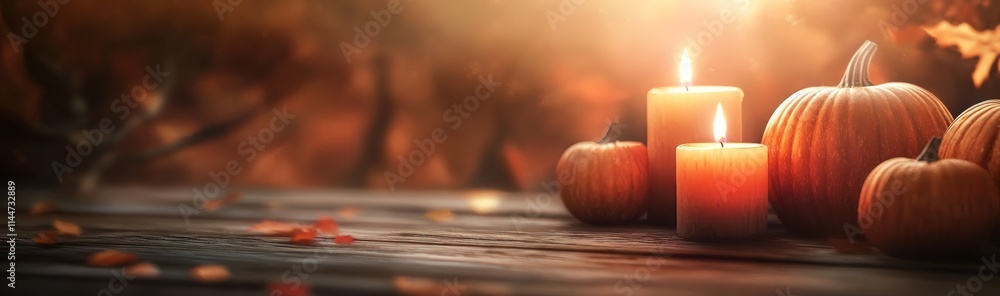 Cozy Autumn Scene with Pumpkins and Candles on Wooden Table Cozy Autumn Scene with Pumpkins and Candles on Wooden Table