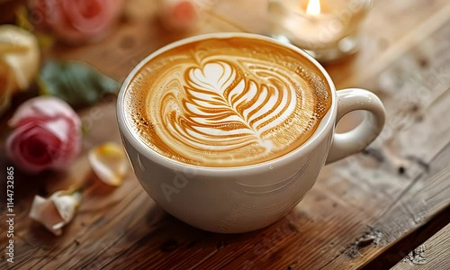 A creamy latte in a white cup with intricate latte art design photo