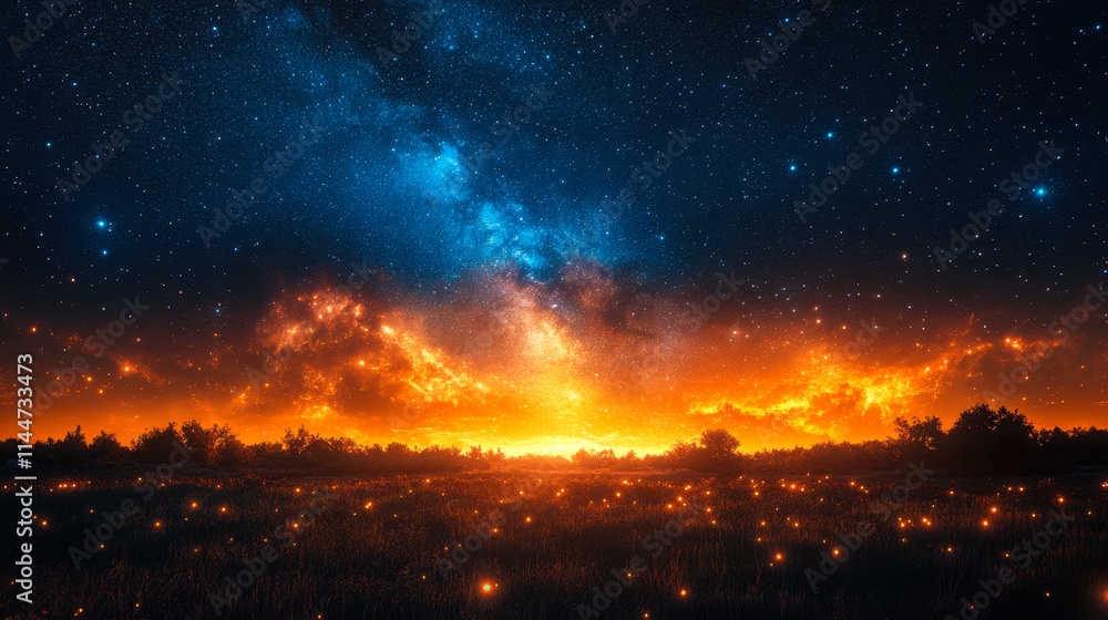 Breathtaking Starry Night Sky Illuminating a Firefly-Lit Tree-Filled Landscape Breathtaking Starry Night Sky Illuminating a Firefly-Lit Tree-Filled Landscape