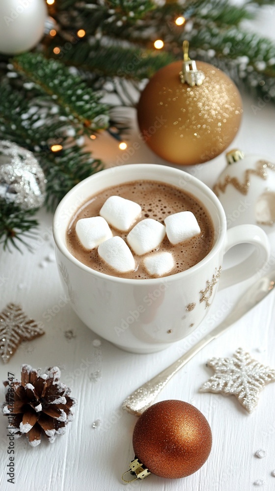 Cozy winter hot chocolate with marshmallows in white ceramic cup surrounded by Christmas decorations, golden baubles, pine branches and snowflake cookies on white table. Cozy winter hot chocolate with marshmallows in white ceramic cup surrounded by Christmas decorations, golden baubles, pine branches and snowflake cookies on white table.