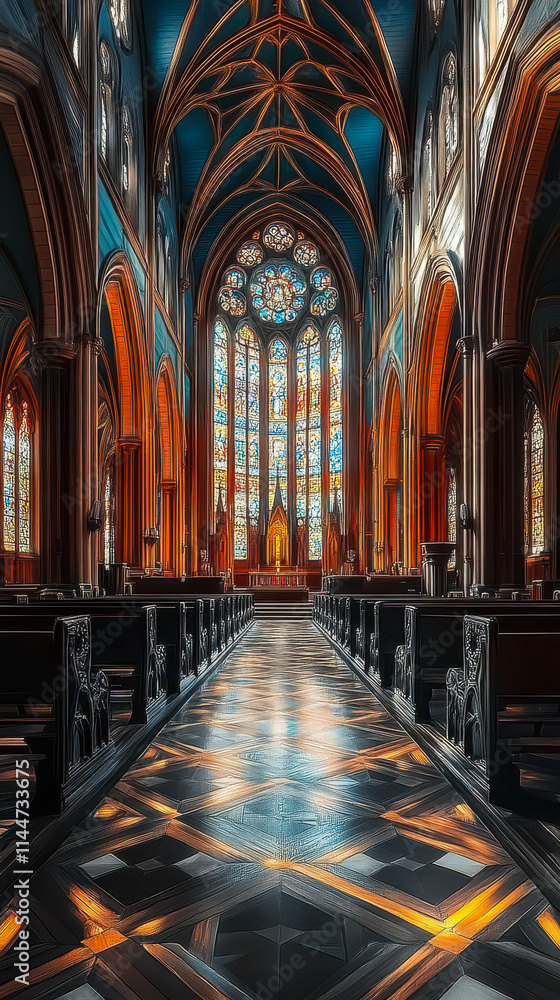 Fototapeta premium Majestic Cathedral Interior with Stunning Stained Glass and Gothic Architecture Design