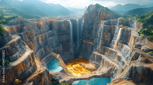 Dramatic Cinma Vrit Documentary Style Capture of a Massive Open Pit Gold Mining Towering Rock Formations Streams of Gold Ore and the Rugged Hardworking Miners in an Timeless Industrial Revolution Vibe photo