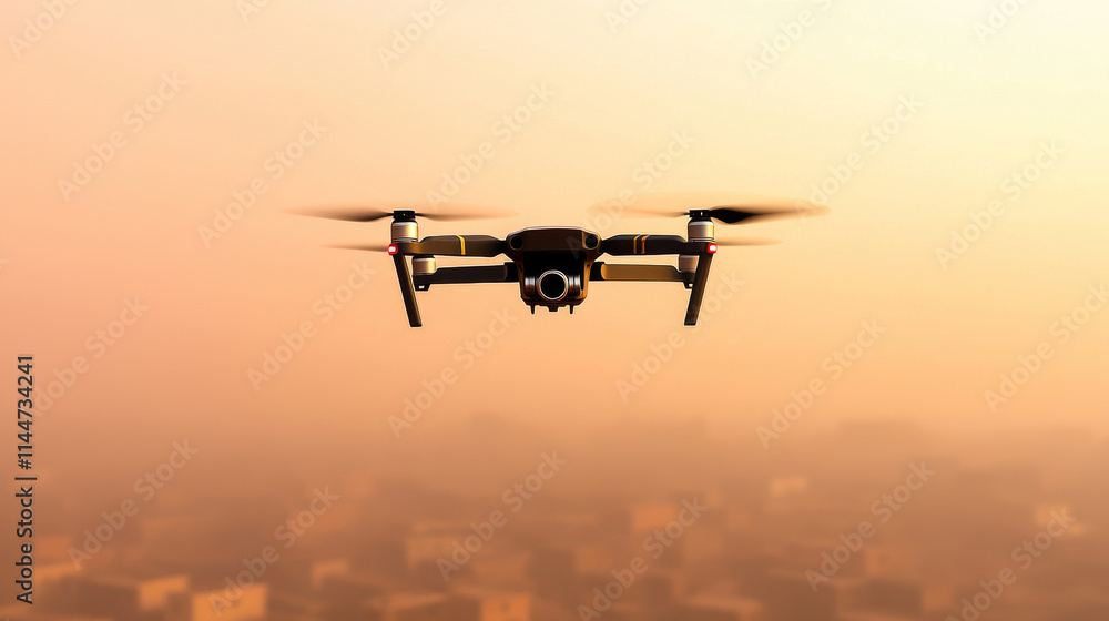 A drone flies against a sunset backdrop, showcasing its sleek design and advanced technology in an urban environment. A drone flies against a sunset backdrop, showcasing its sleek design and advanced technology in an urban environment.