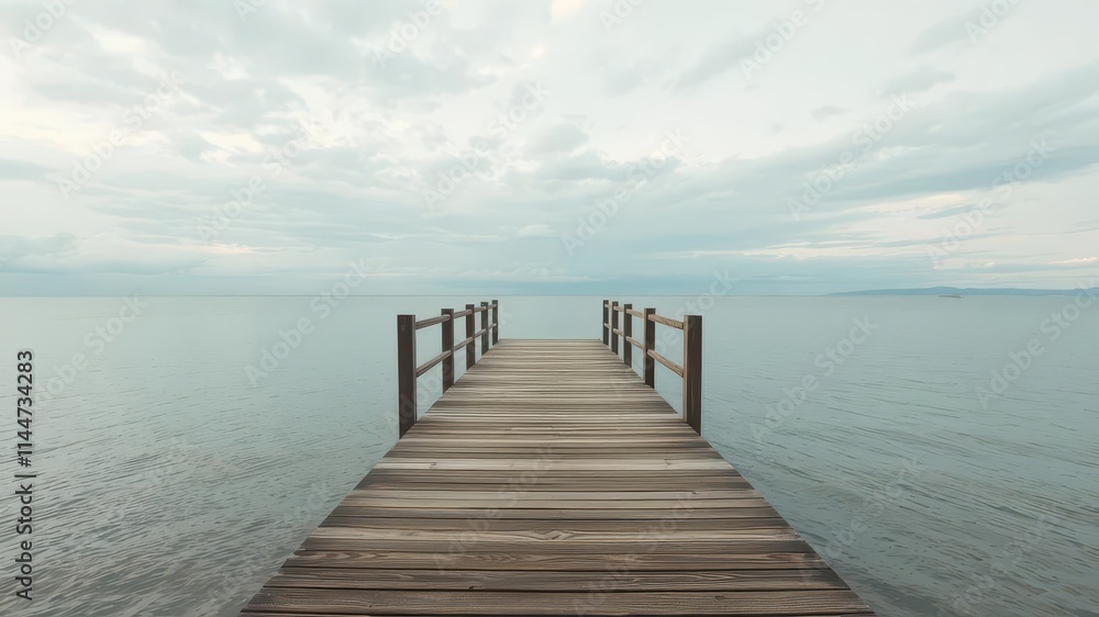 Empty wooden pier extends over tranquil sea, cloudy sky backdrop, wood,blue Empty wooden pier extends over tranquil sea, cloudy sky backdrop, wood,blue