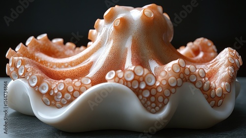 Close-up of an intricately detailed, stylized octopus sculpture, resting on a white, shell-like base. photo