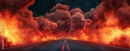 A dramatic scene of a fiery road engulfed in smoke, creating an intense and apocalyptic atmosphere. photo