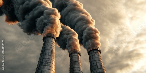 Smoke billows from industrial chimneys against a cloudy sky, highlighting pollution and environmental concerns. photo