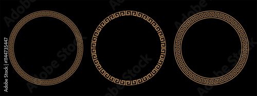 Collection of decorative gold round frames for design with Greek key, meander. Circle frame. Egyptian, Assyrian, Greek motif circular frame. Template for textiles, engraving, forging, embroidery