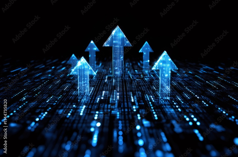Glowing blue arrows rising on digital background.