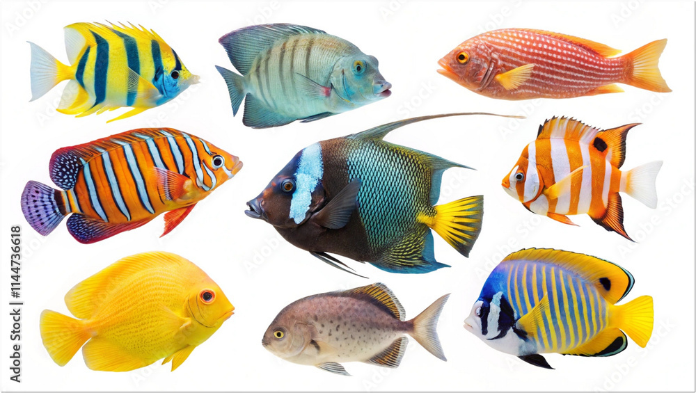 Collection of tropical fishes isolated on transparent or white background Collection of tropical fishes isolated on transparent or white background