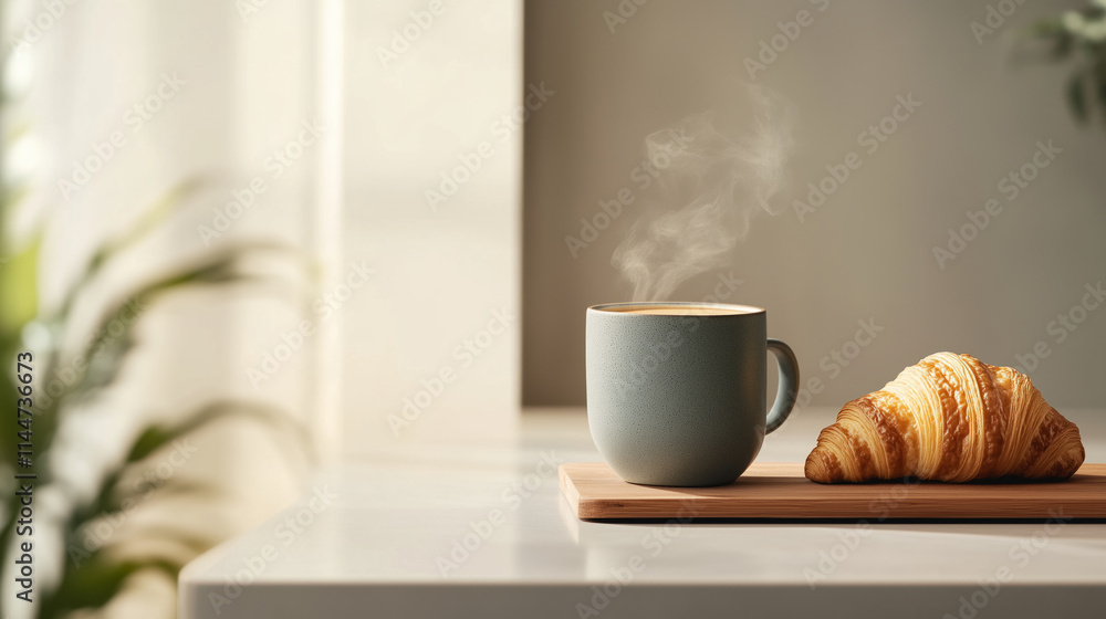 minimalist kitchen scene with coffee and croissant minimalist kitchen scene with coffee and croissant