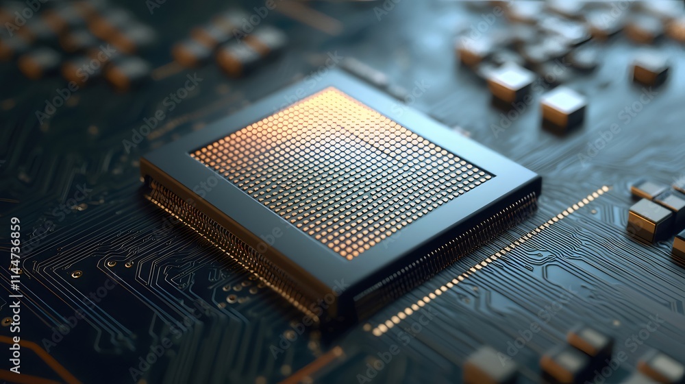 Close-up of a computer processor on a circuit board. Close-up of a computer processor on a circuit board.