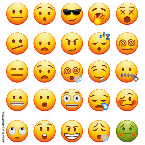 Collection of various emoji faces representing different emotions and expressions, suitable for digital communication and social media.