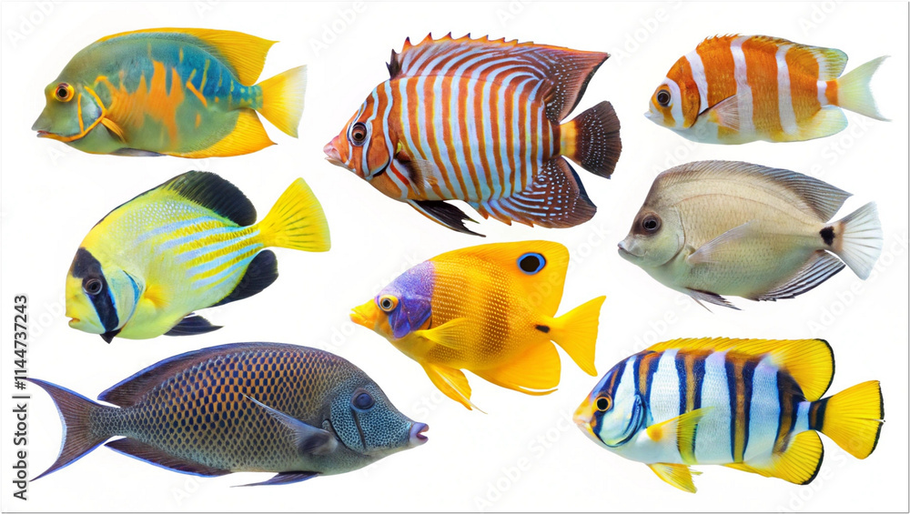 Collection of tropical fishes isolated on transparent or white background Collection of tropical fishes isolated on transparent or white background