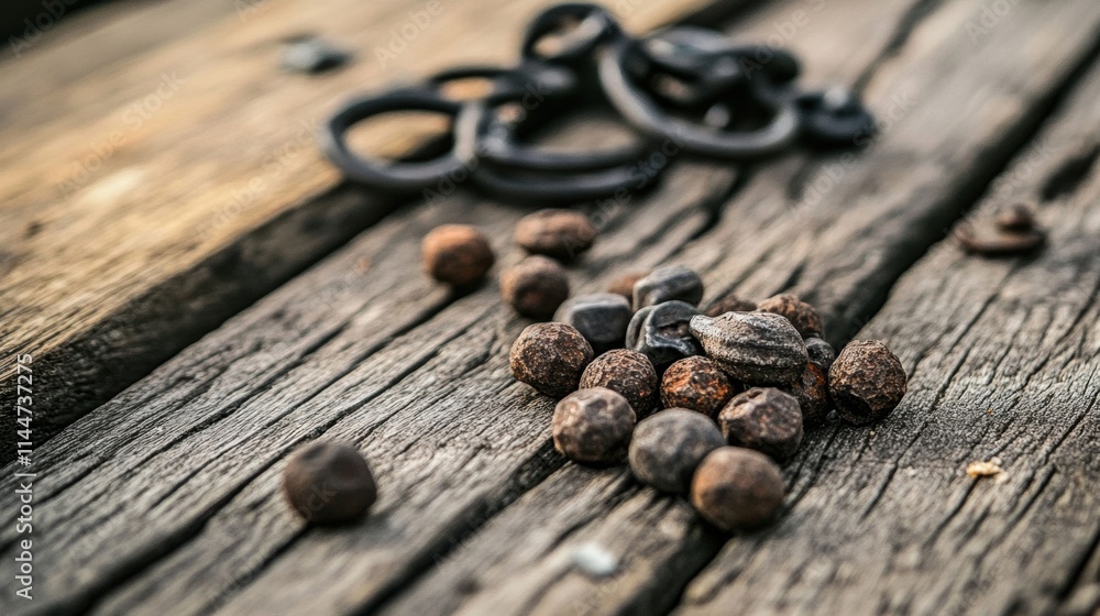 Dried Spices on Rustic Wooden Surface with Dark Objects in Background Dried Spices on Rustic Wooden Surface with Dark Objects in Background