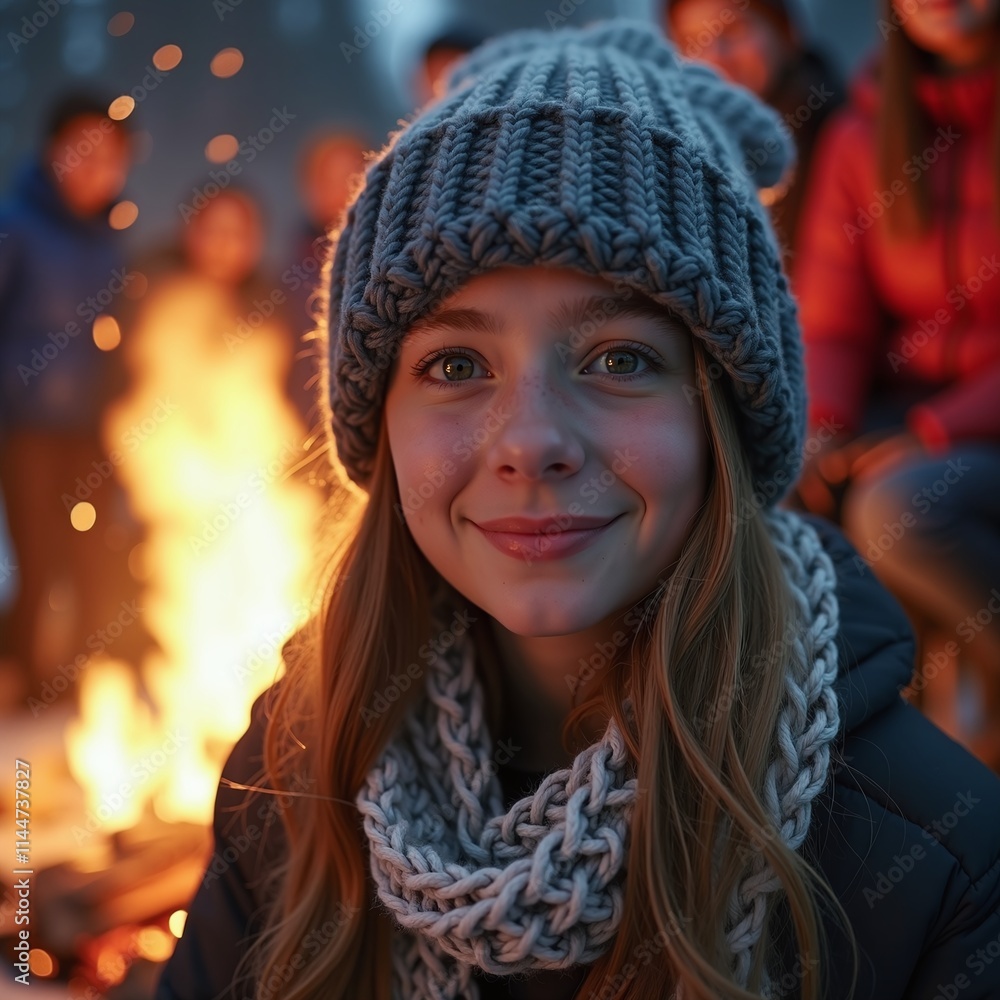 Smiling girl by warm campfire at night Smiling girl by warm campfire at night