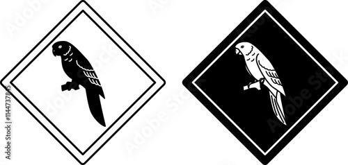 Parrot Road Signs. Black and White Vector Icons. Tropical Bird. Road Sign Warning Animals Crossing Road. Zoo Sticker