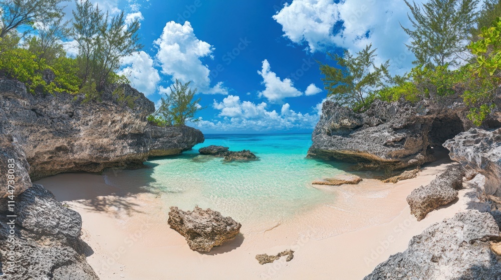 Fototapeta premium Secluded cove with turquoise water, white sand beach, and rocky shores under a sunny sky.