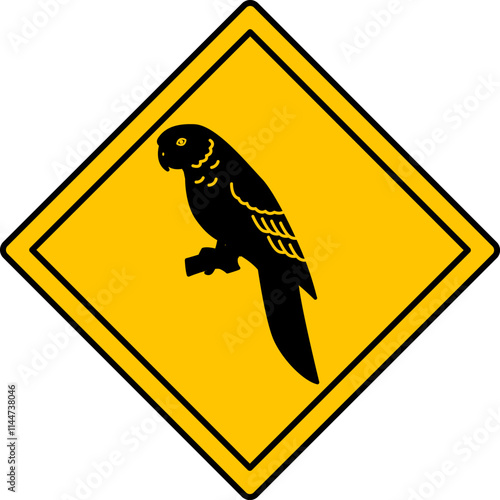 Yellow Parrot Road Sign. Vector Icon. Tropical Bird. Road Sign Warning Animals Crossing Road. Zoo Sticker