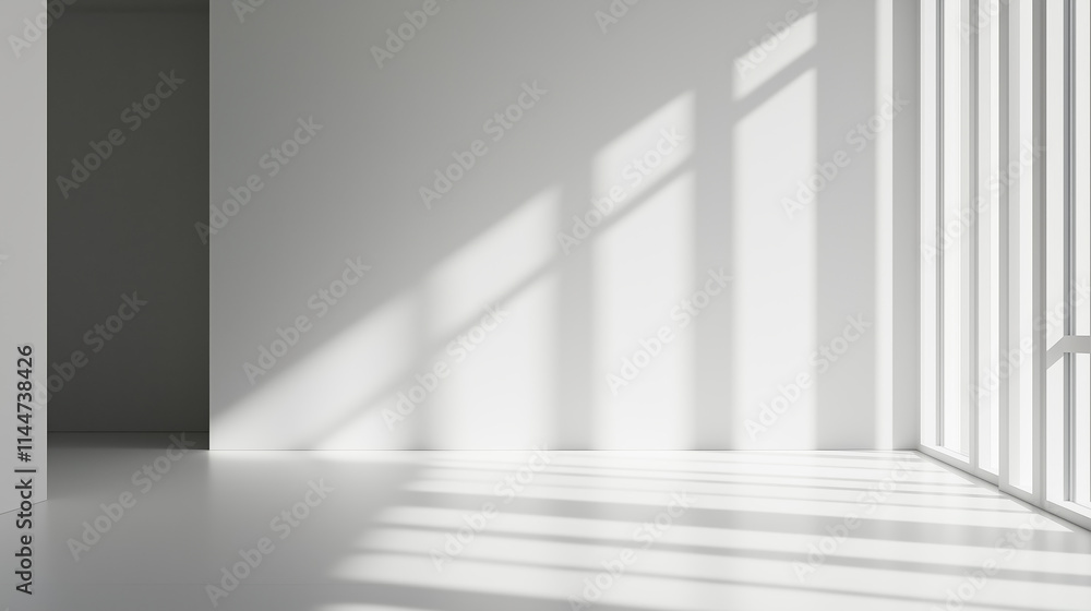Bright minimalist interior with shadows and natural light falling across a spacious room Bright minimalist interior with shadows and natural light falling across a spacious room