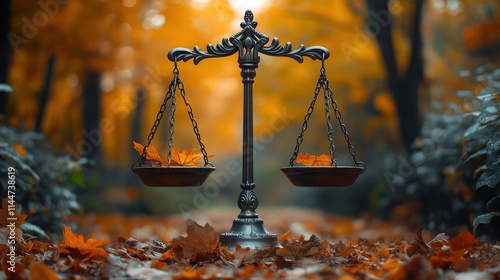 Scales of Justice in Autumn Forest.