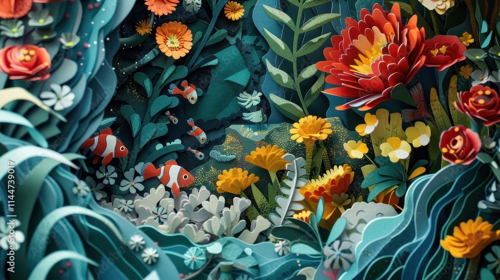 Vibrant Paper Cut Art Scene of an Explorer Surrounded by Lush Flora Vibrant Paper Cut Art Scene of an Explorer Surrounded by Lush Flora