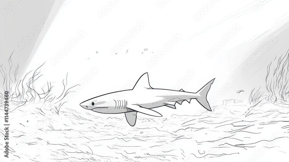 Outline of a small shark swimming in shallow, sunlit water with faint shadows on the seabed, emphasizing tranquility Outline of a small shark swimming in shallow, sunlit water with faint shadows on the seabed, emphasizing tranquility