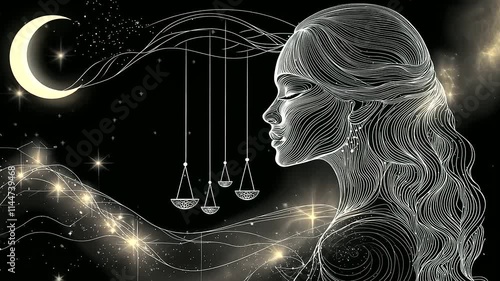 Graceful Woman Libra Line Drawing with Celestial Elements