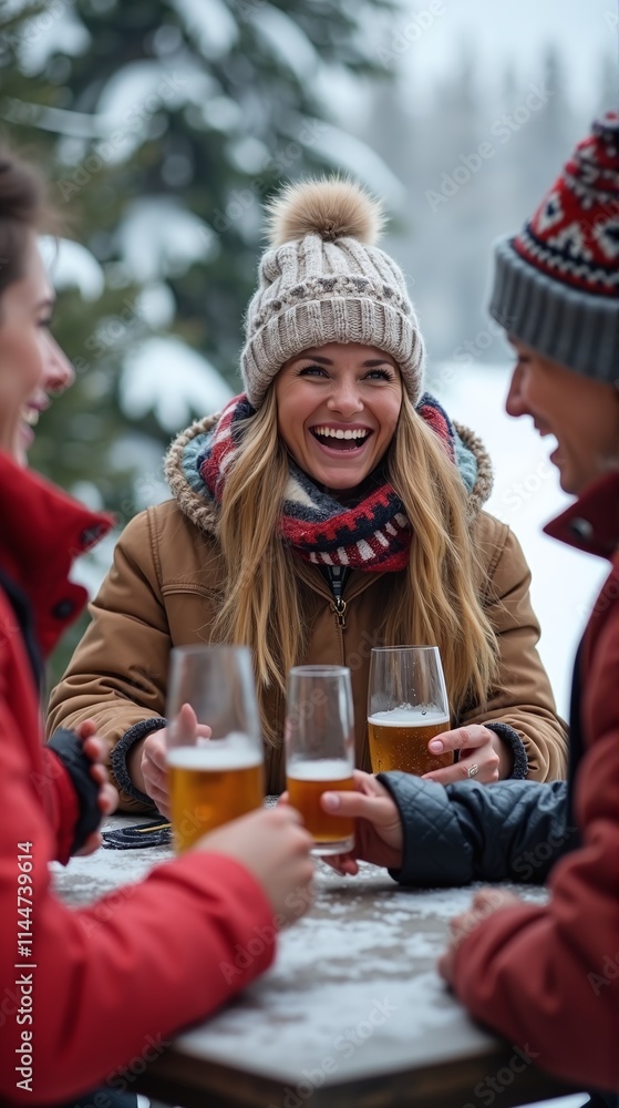 Happy friends toasting with beer in snowy setting Happy friends toasting with beer in snowy setting