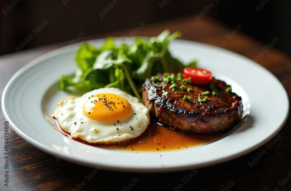 Grilled steak with sauce and a fried egg on a white plate, with a branch of greens on the steak. Grilled steak with sauce and a fried egg on a white plate, with a branch of greens on the steak.