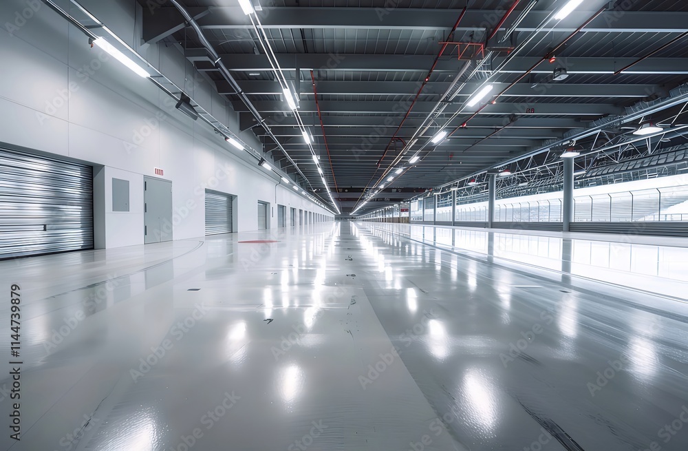 Modern industrial building interior, long corridor with polished floor and metal structures. Modern industrial building interior, long corridor with polished floor and metal structures.