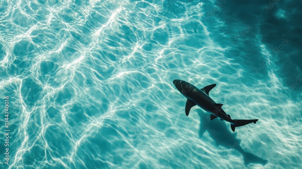 Fototapeta premium Overhead shot of a small shark's silhouette gliding in shallow, crystal-clear turquoise water, with sunlight ripples -