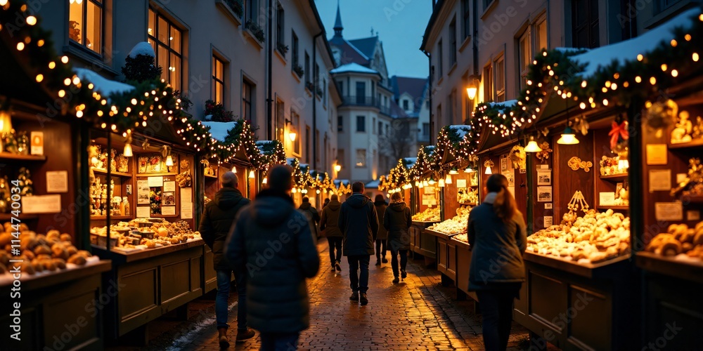 Christmas Market in an Old European Town at Night: People Walking through Cobblestone Streets with Illuminated Stalls and Shops Selling Christmas Food and Ornaments Christmas Market in an Old European Town at Night: People Walking through Cobblestone Streets with Illuminated Stalls and Shops Selling Christmas Food and Ornaments