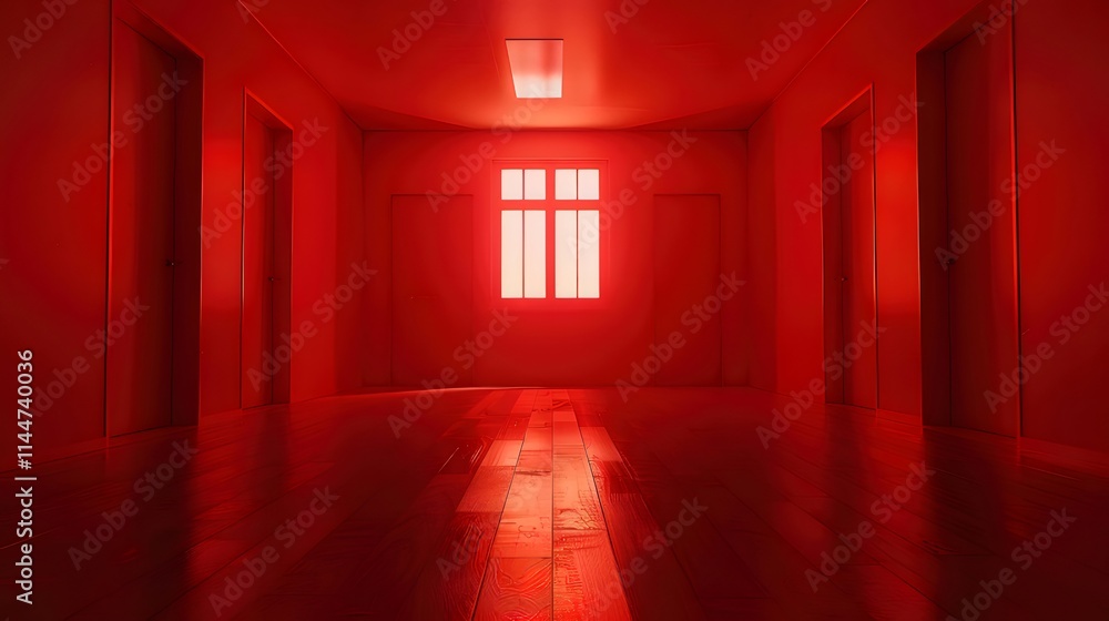 Red corridor with doors and window, reflecting light on floor. Red corridor with doors and window, reflecting light on floor.