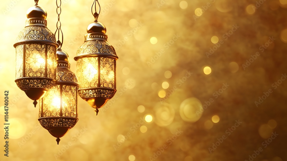 Golden Lanterns Hanging Against a Sparkling Background Golden Lanterns Hanging Against a Sparkling Background