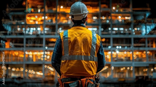 Worker observing construction site at night.