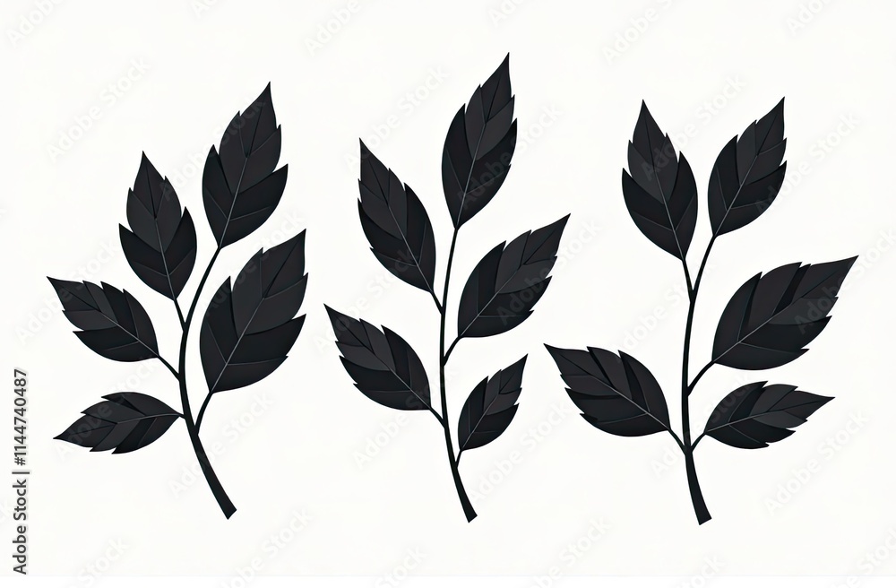 Black silhouette of leafy branches with flat shapes and shadows on a white background. Simple monochrome botanical illustration. Minimalist design with elegance. Black silhouette of leafy branches with flat shapes and shadows on a white background. Simple monochrome botanical illustration. Minimalist design with elegance.