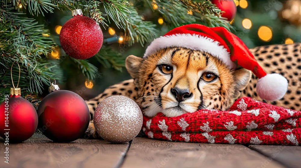 A festive cheetah wears a Santa hat, resting on a cozy blanket near a Christmas tree, surrounded by ornaments. A festive cheetah wears a Santa hat, resting on a cozy blanket near a Christmas tree, surrounded by ornaments.