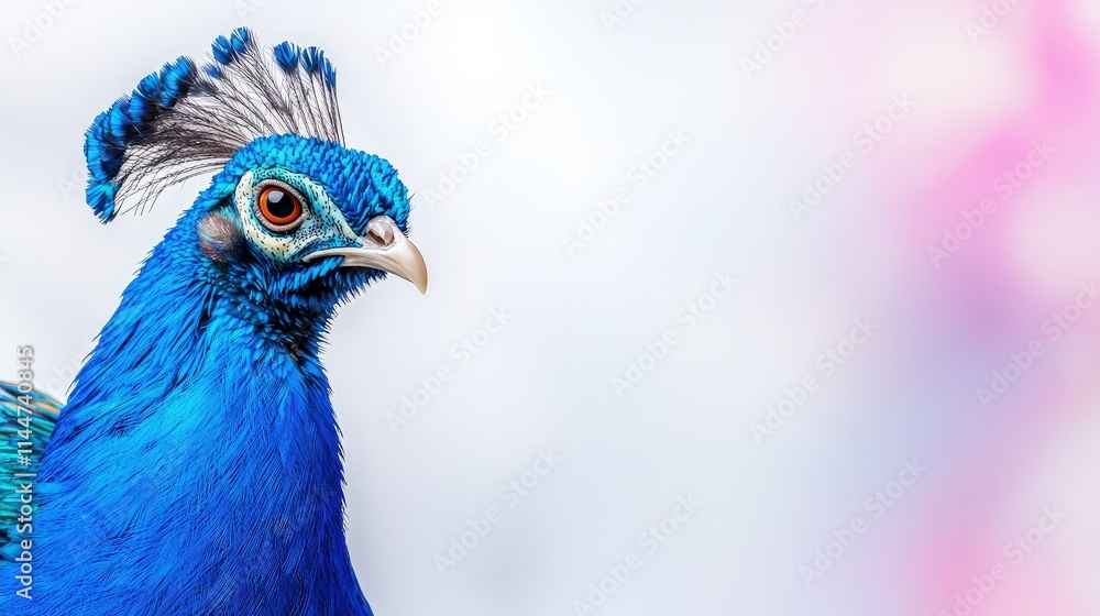 Close-up portrait of a vibrant blue peacock head and neck against a soft, blurred background. Close-up portrait of a vibrant blue peacock head and neck against a soft, blurred background.