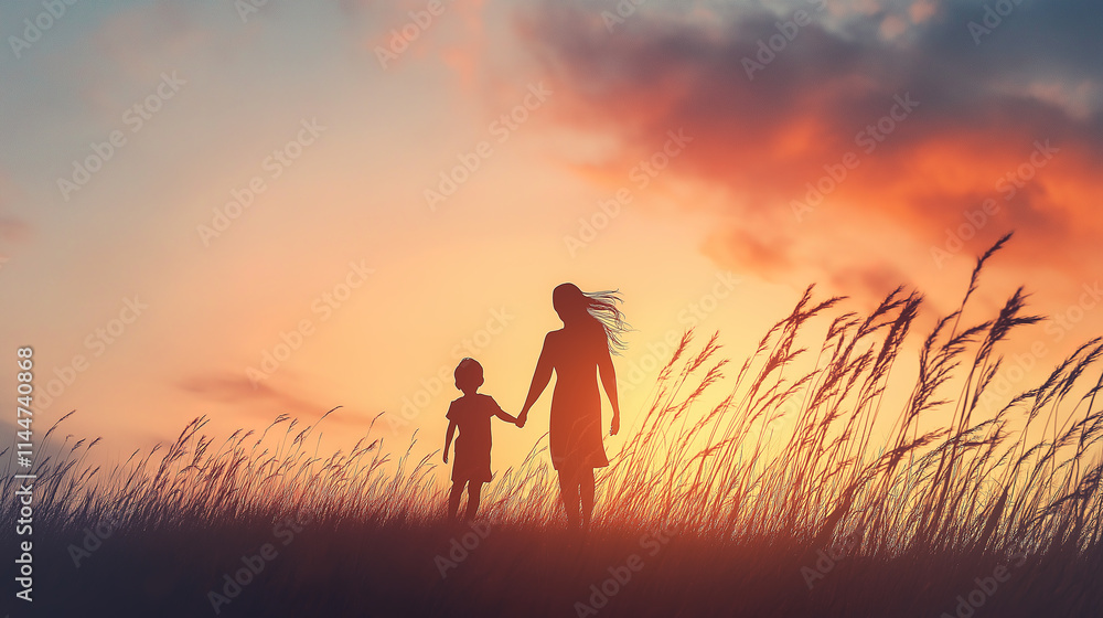 Silhouetted mother and child walking hand in hand during sunset in a grassy field Silhouetted mother and child walking hand in hand during sunset in a grassy field