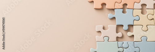 Neatly arranged colorful jigsaw puzzle pieces on a neutral background, reflecting creativity, problem-solving, and the interconnectedness of individual parts.
